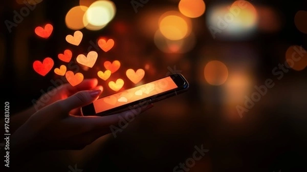 Fototapeta Cozy setting with a smartphone showing chat icons, spotlighting personal communication and social networking.