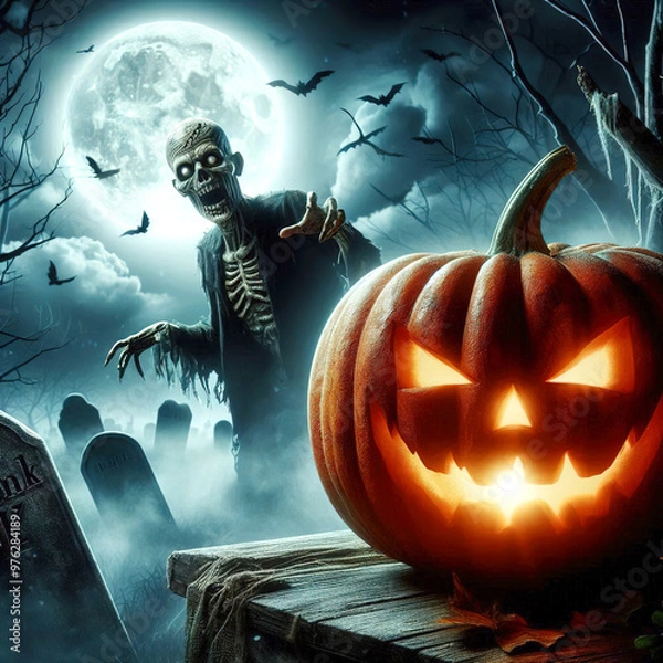 Fototapeta Pumpkins of Dread: A Zombie’s Night in the Graveyard