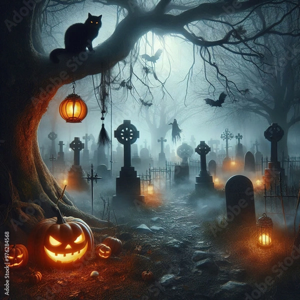 Obraz The Black Cat and the Haunted Pumpkins