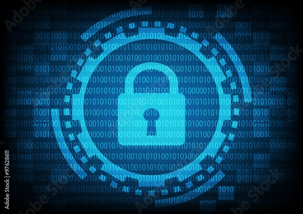 Fototapeta Blue of ring and gears with key lock inside on binary code backg