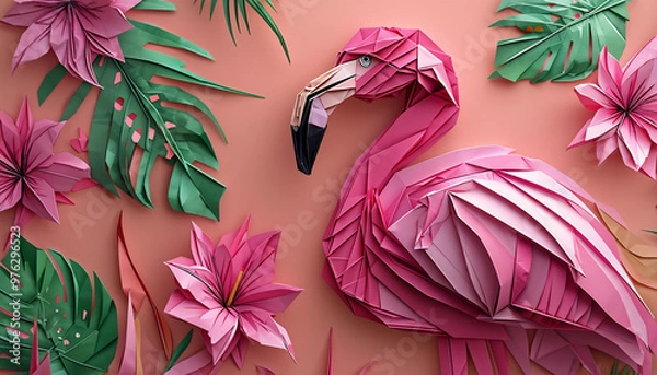 Obraz  The image shows a pink origami penguin in a tropical setting with palm leaves.