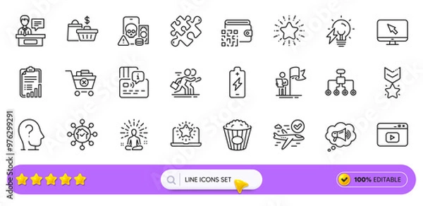 Obraz Qr code, Restructuring and Competition line icons for web app. Pack of Electricity bulb, Phishing, Video content pictogram icons. Megaphone, Exhibitors, Battery charging signs. Search bar. Vector