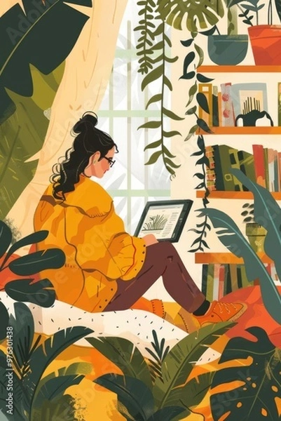 Fototapeta A woman sits on a bed surrounded by plants, a cozy and peaceful atmosphere