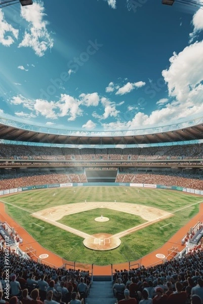 Fototapeta A packed baseball stadium with many fans cheering and enjoying the game, possibly used as an event or crowd background