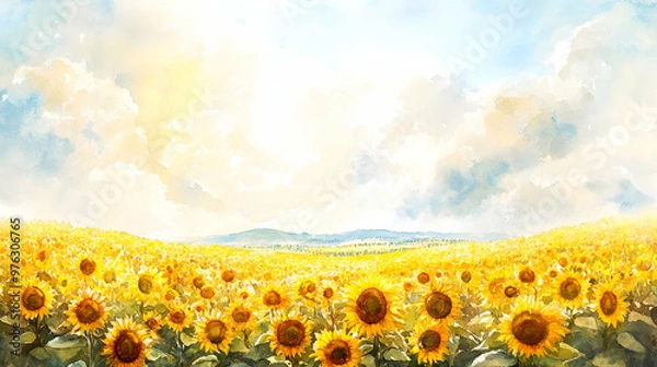 Fototapeta Dreamy watercolor painting of a field of sunflowers stretching towards a bright, cloudy sky, with rich yellows and greens blending seamlessly to capture the sun-drenched warmth