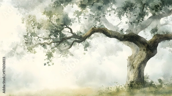 Fototapeta Subdued watercolor illustration of an ancient oak tree with sprawling branches, set in a foggy morning landscape with a soft, muted color palette and gentle brushstrokes