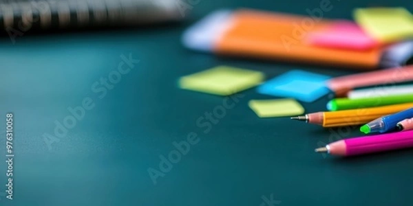 Fototapeta A neatly arranged selection of colorful pens and sticky notes lies on a desk. The vibrant colors emphasize creativity and organization in an office or school setting.