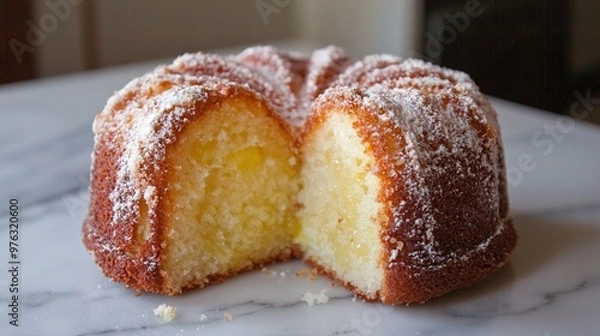 Fototapeta   A cake with a bite missing, perched on a marble countertop