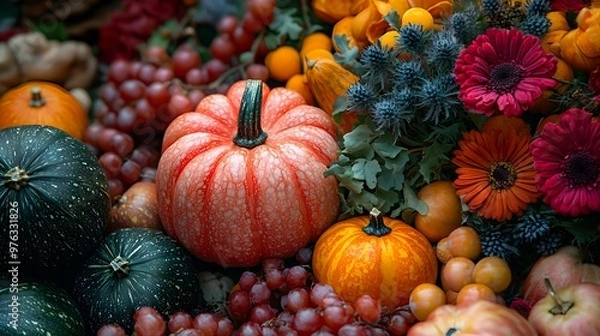 Fototapeta Autumn Harvest   Pumpkins  Grapes  Flowers  and Fall Foliage