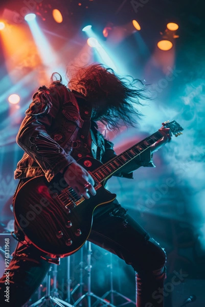 Obraz Vintage rock guitarist with long hair, leather, and stage lights playing a solo– retro 80's 90's band style