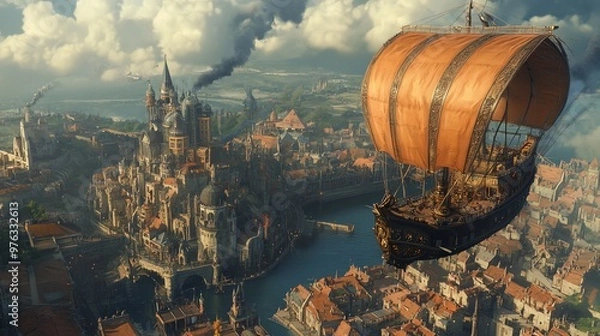 Fototapeta A large sailing airship soars above a medieval fantasy city with tall spires and cobblestone streets.
