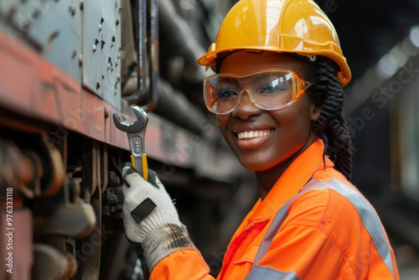 Obraz Confident Afro-Caribbean woman working in rail industry, symbolizing women thriving in male-dominated careers