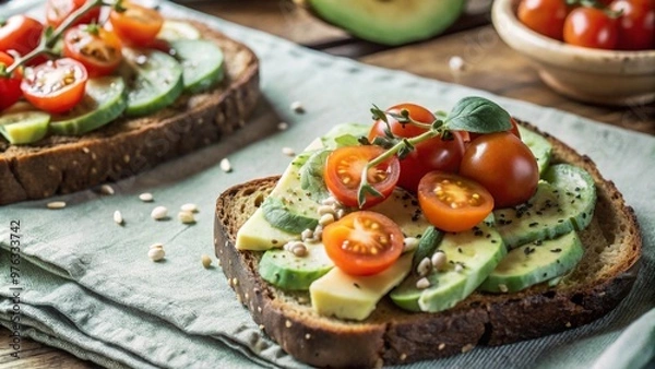 Fototapeta A slice of toasted sour dough bread with avocado and tomato on top
