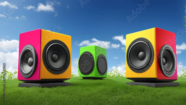 Fototapeta 3D Render of Colorful Speakers Set Up in Open Ground – Perfect for Festival Advertising, Event Setup, and Outdoor Event Management