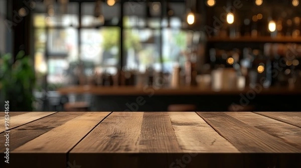 Obraz Wooden tabletop with a blurred interior background of a coffee shop used as a mockup for product display