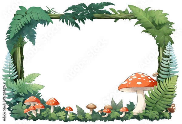 Fototapeta Fantasy Forest Frame with Mushrooms on a transparent background 