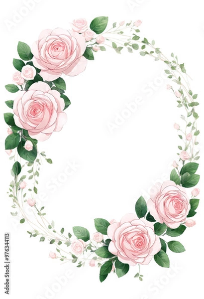 Fototapeta Pink Rose Wreath with Green Leaves on a transparent background
