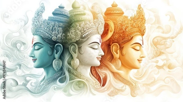 Fototapeta Craft a serene depiction of Rama and other Hindu deities in a side profile, capturing their divine energy in a watercolor style