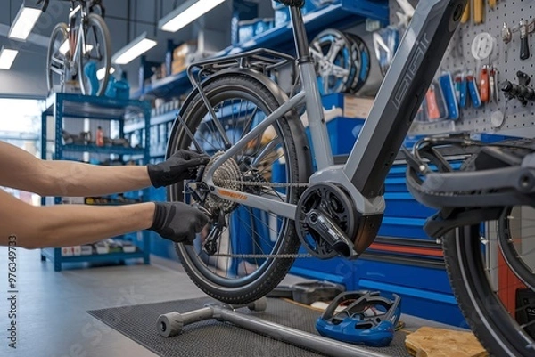 Fototapeta Repairing an e-bike. Urban cyclist maintaining and servicing an electric bicycle with modern tools. Ensuring optimal performance and efficient operation for a smooth ride in the city. 