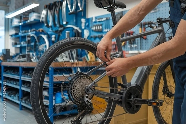 Obraz Repairing an e-bike. Urban cyclist maintaining and servicing an electric bicycle with modern tools. Ensuring optimal performance and efficient operation for a smooth ride in the city or on the mountai