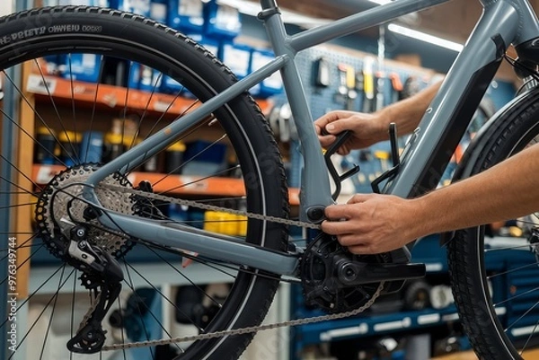 Fototapeta Repairing an e-bike. Urban cyclist maintaining and servicing an electric bicycle with modern tools. Ensuring optimal performance and efficient operation for a smooth ride in the city or on the mountai