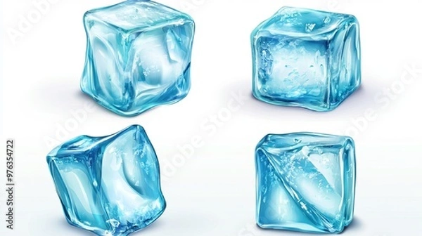 Fototapeta Vector illustration of a set of blue ice cubes showcasing cold frozen water in square shapes Features four realistic crystal blocks designed for cocktails or refrigeration set on a