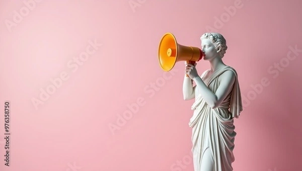 Fototapeta Modern Greek statue with futuristic loudspeaker in reflective pose