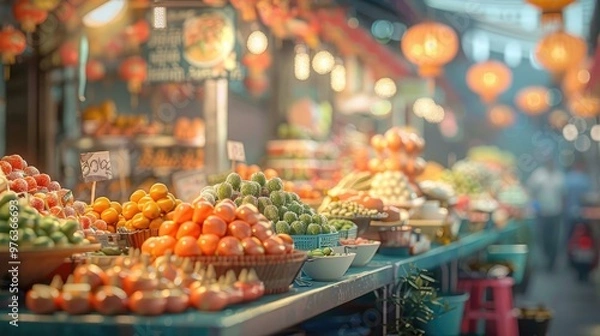 Fototapeta Vibrant and colorful array of tropical fruits and vegetables on display at a bustling local street market offering a bountiful selection of fresh organic produce for shoppers and vendors