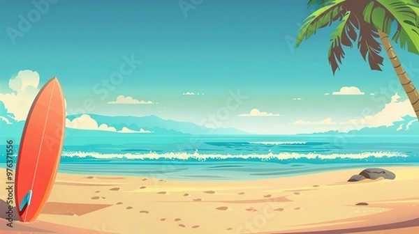 Fototapeta A red surfboard leaning against a palm tree on a sandy beach with turquoise ocean and blue sky