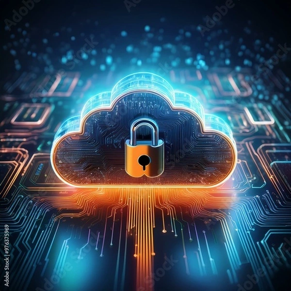 Obraz Illustration of a glowing cloud icon with a lock in the center, representing cloud data security and cybersecurity in cloud computing environments. Generative AI