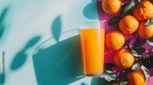 Fototapeta A high-quality stock image of freshly squeezed orange juice with whole and sliced oranges on the right side, leaving space on the left for text. Ideal for juice advertisements, health products.
