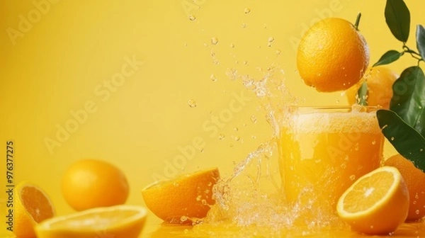 Fototapeta A high-quality stock image of freshly squeezed orange juice with whole and sliced oranges on the right side, leaving space on the left for text. Ideal for juice advertisements, health products.