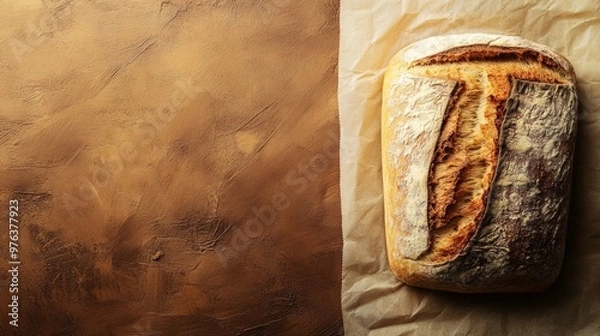 Fototapeta A high-quality stock image of a freshly baked loaf of bread with a golden crust on the right side, leaving space on the left for text. Perfect for bakery promotions and food advertisements.