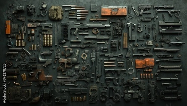 Fototapeta An orderly display of firearm parts and ammunition, set against a dark background, creating a complex and detailed visual array.