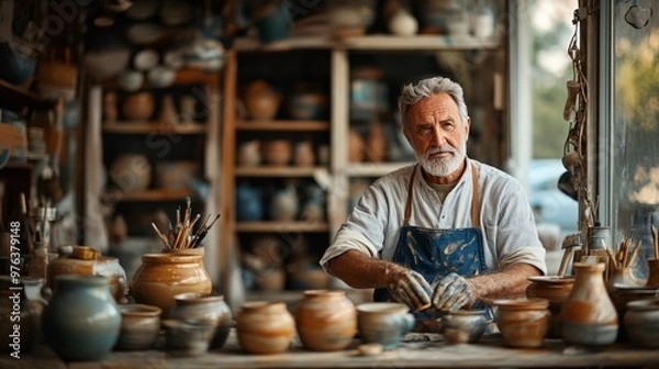 Fototapeta Elderly artisan crafting pottery and painting designs in a rustic workshop filled with clay