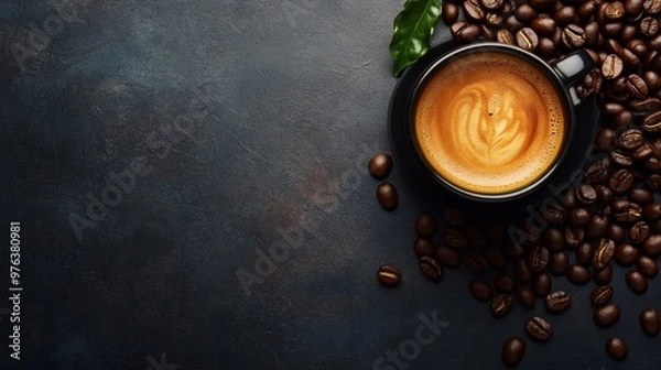 Fototapeta A high-quality AI-generated stock image of a fresh cup of espresso with coffee beans on the right side, leaving space on the left for text. Perfect for coffee, beverage, and cafe-related content.
