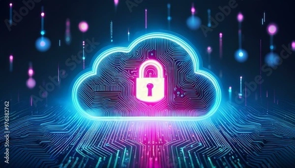 Obraz Illustration of a glowing cloud icon with a lock in the center, representing cloud data security and cybersecurity in cloud computing environments. Generative AI