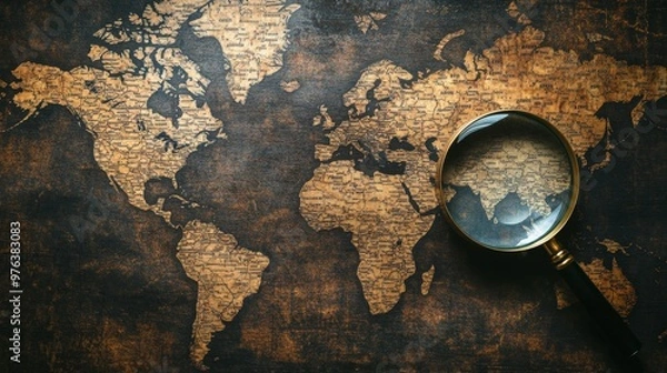 Fototapeta A high-quality AI-generated stock image of a detailed world map with a magnifying glass on the right side, leaving space on the left for text. Ideal for travel, exploration, and geographical content.