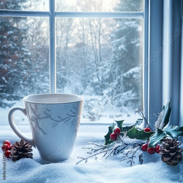 Fototapeta A cozy winter morning by the window with a steaming cup, snow-covered garden, and festive decorations in a serene landscape