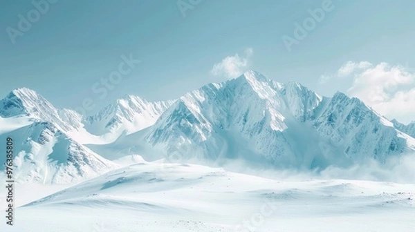 Fototapeta Majestic snowy mountain peaks reaching up into the crisp clear sky in a serene frozen wilderness landscape  This dramatic awe inspiring alpine scene evokes a sense of adventure