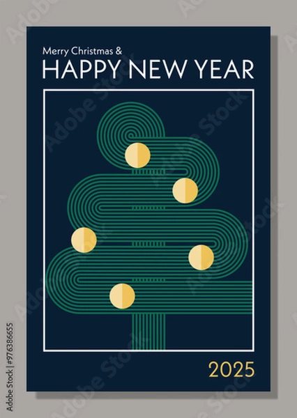 Fototapeta Merry Christmas and Happy New Year greeting card, event poster layout in modern abstract geometric style. Conceptual illustration with Christmas tree. Bauhaus style