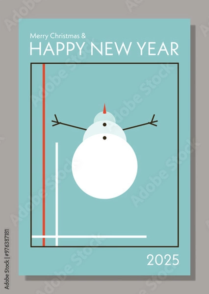 Fototapeta Merry Christmas and Happy New Year greeting card, event poster layout in modern abstract geometric style. Conceptual illustration with snowman. Bauhaus style