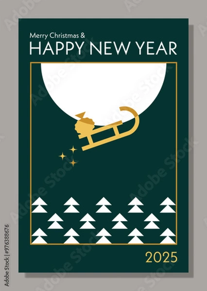 Fototapeta Merry Christmas and Happy New Year greeting card, event poster layout in modern abstract geometric style. Conceptual illustration with Santa sled. Bauhaus style