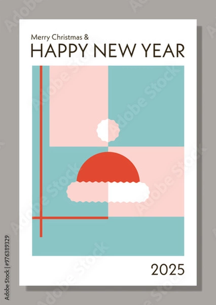 Fototapeta Merry Christmas and Happy New Year greeting card, event poster layout in modern abstract geometric style. Conceptual illustration with Santa hat. Bauhaus style