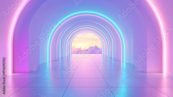Fototapeta Neon-lit archway leading to a bright horizon