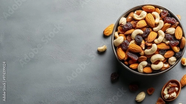 Fototapeta A high-quality AI-generated stock image of a bowl of mixed nuts and dried fruits on the right side, leaving space on the left for text. Ideal for snack, health, and lifestyle content.