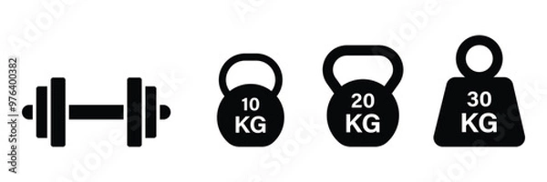 Obraz Set of training equipment dumbbell icon collection. Kettlebell, heavy, Kg bell dumbbell symbol. Vector illustration.