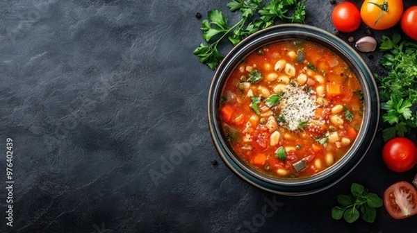 Obraz A bowl of delicious minestrone soup topped with Parmesan cheese on the right side, leaving space on the left for text. Ideal for menus, recipe cards, and culinary content.