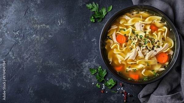 Obraz A bowl of comforting chicken noodle soup, with tender chicken, noodles, and vegetables, on the right side. The left side is left clear for text. Perfect for cozy recipes, menus, and food content.