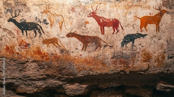 Fototapeta Ancient art on a cave wall depicting a scene from prehistoric life